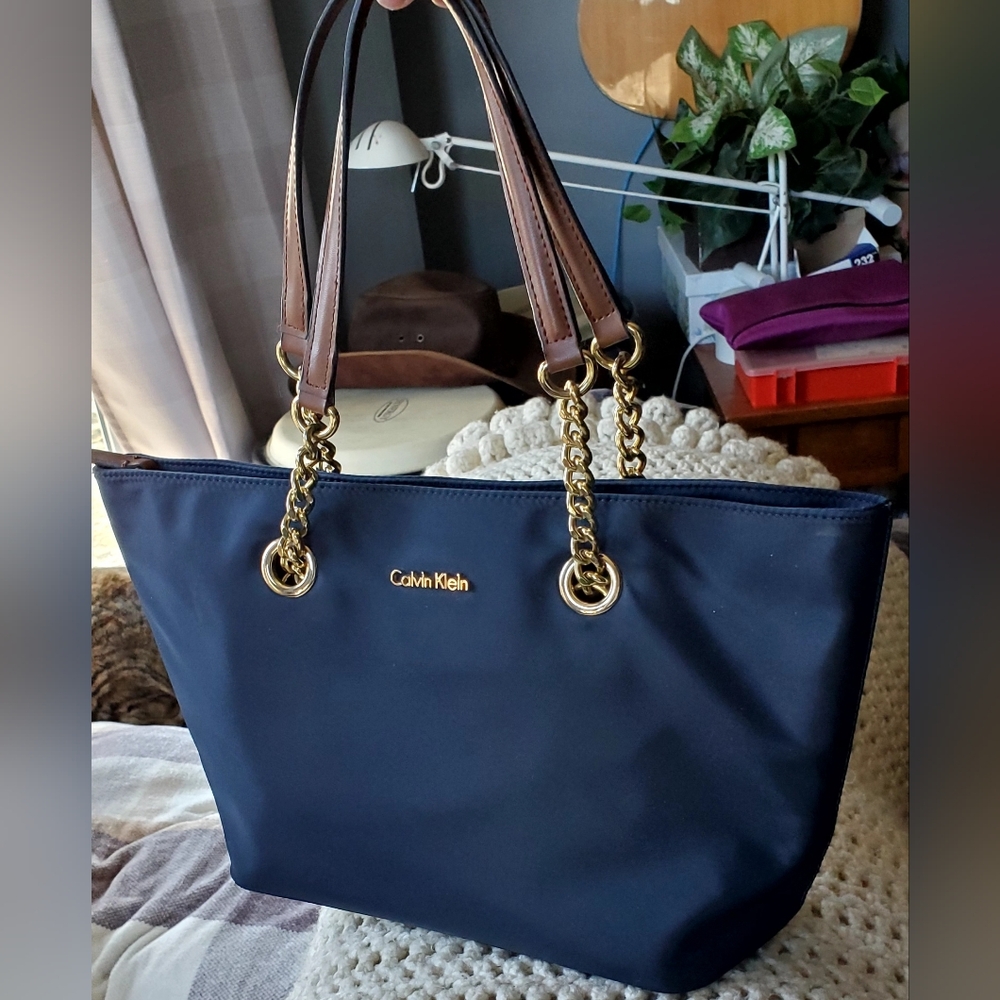 Calvin Klein Navy Purse with Brown and Gold Chain Handles